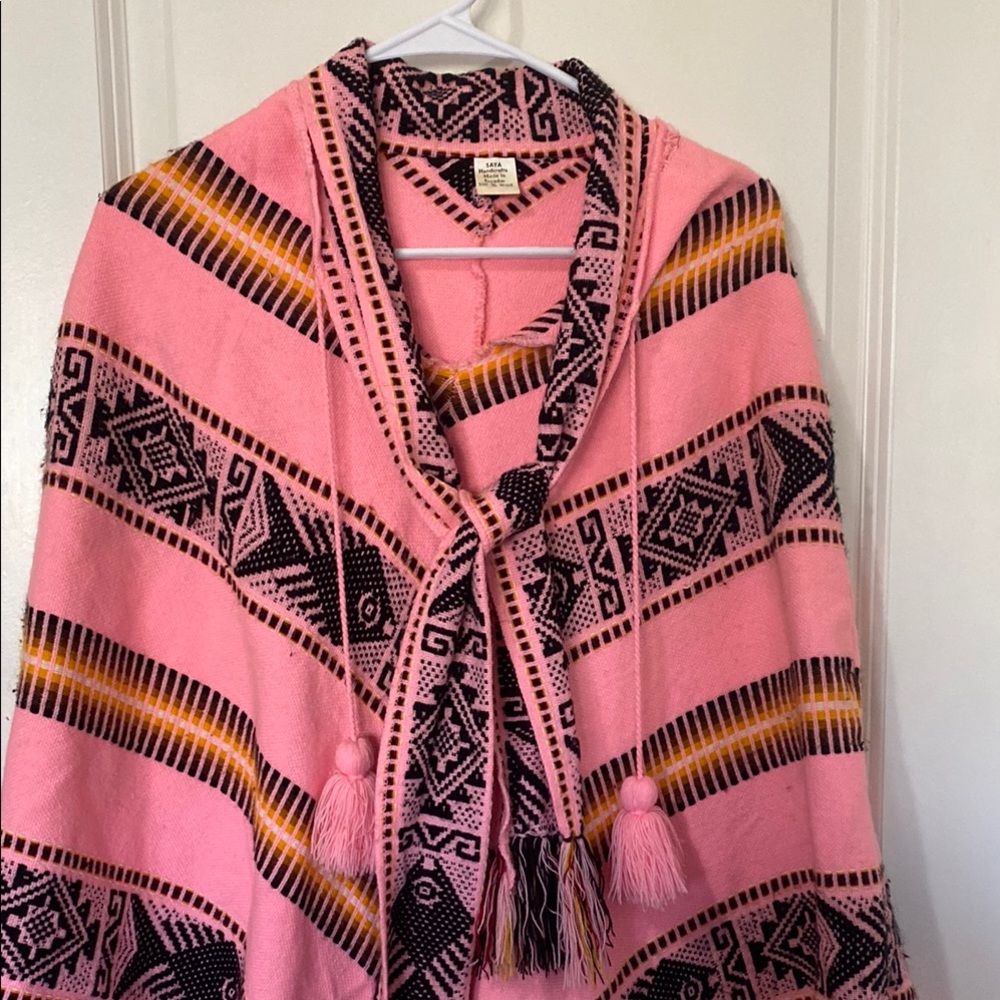 Ecuador, Pink and Black Geometric Fringe Poncho